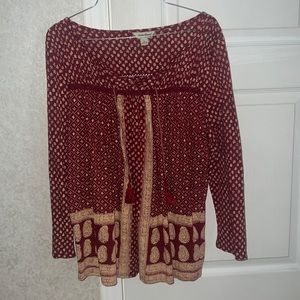 Lucky Brand Red Tan Long Sleeve Large Top